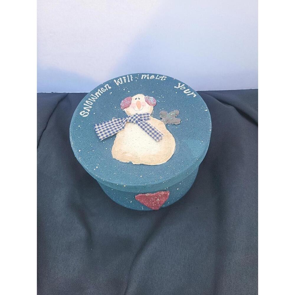 Crazy Mountain Box Blue Hand Painted Snowman Christmas 6" Diameter